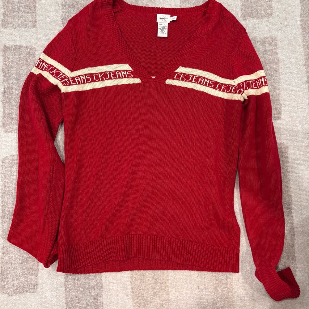 Calvin Klein Women’s Sweater – Red & White, Size Large